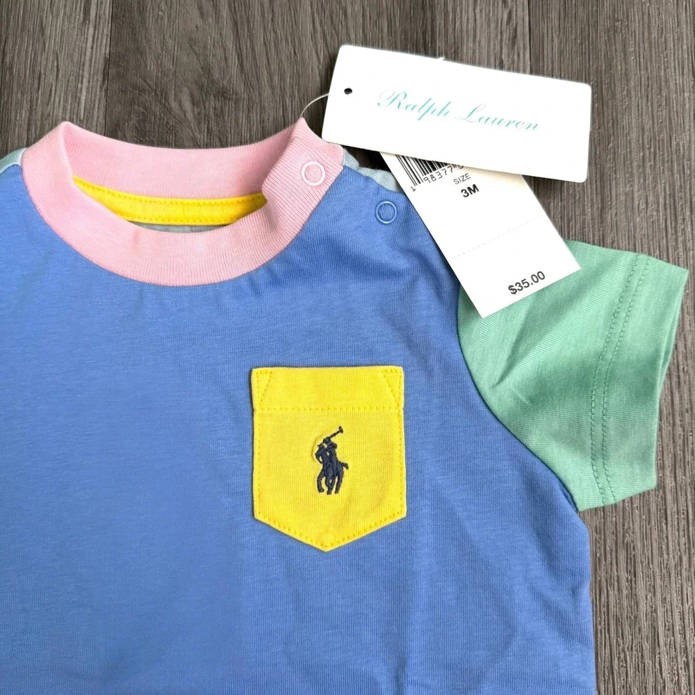 Ralph Lauren Baby Boys Colorblock Pocket T-Shirt NWT 3M Pastel Pony Logo Cotton